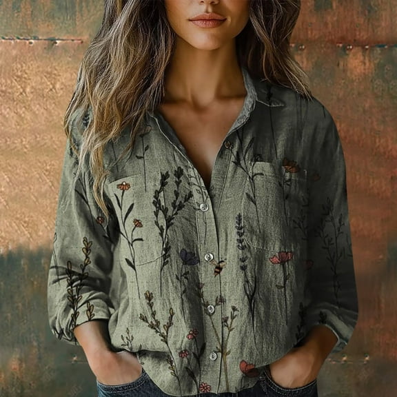 Green Young Adult Tops Women Cotton Shirt Printed Fashion Button Down Shirts Casual Tops Long Sleeve Blouse Plus Size Tops for Women