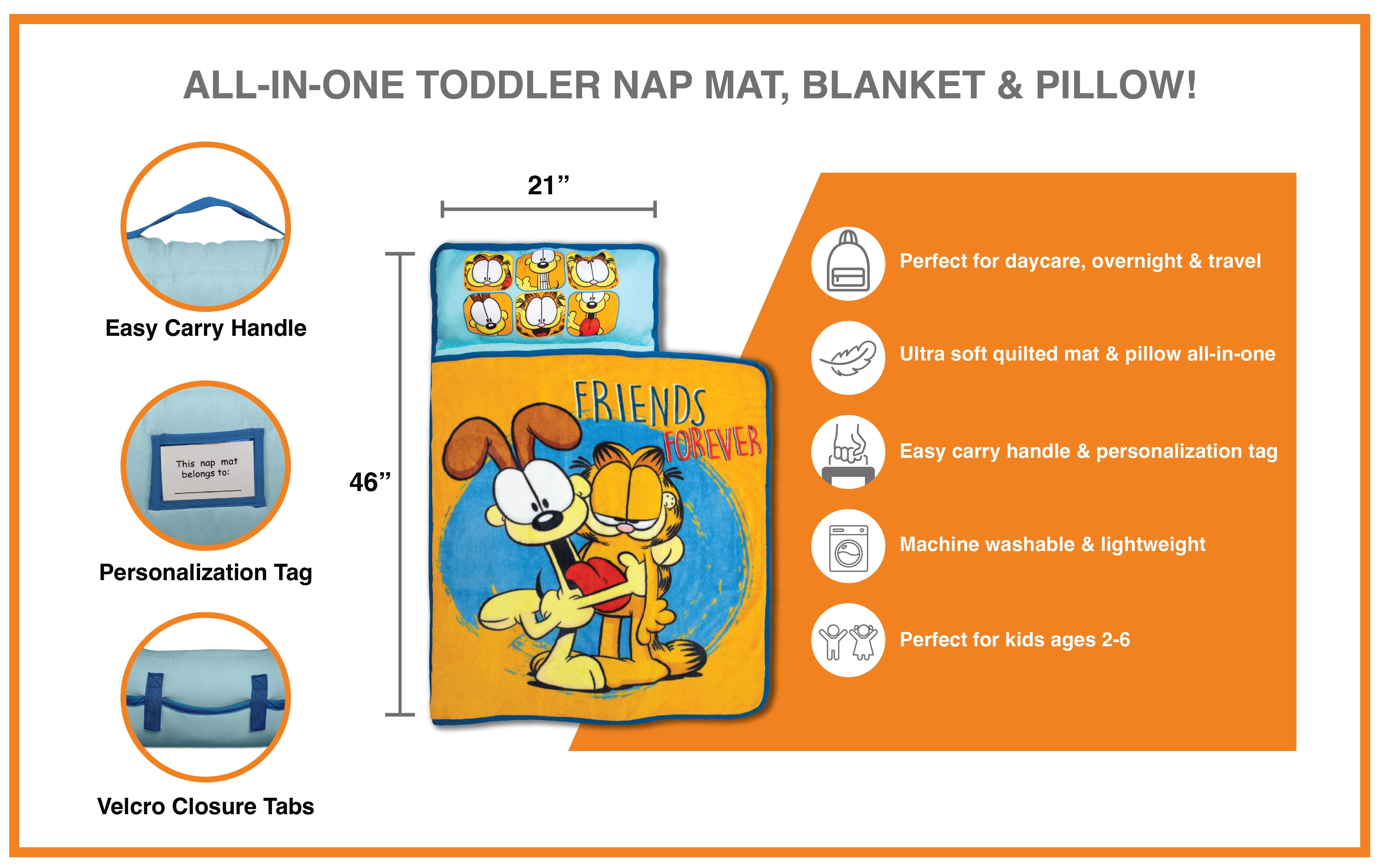 NoJo Garfield Toddler Nap Mat, All-In-One Blanket, Pillow, Pad, Toddler Boy or Girl