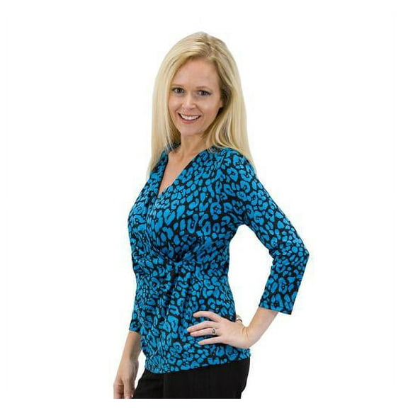 Women's Solid/Print V Neck 3/4 Sleeve Knit Front Drape Wrap Jersey Tops Side Shirring Blouse ( Teal black prints)