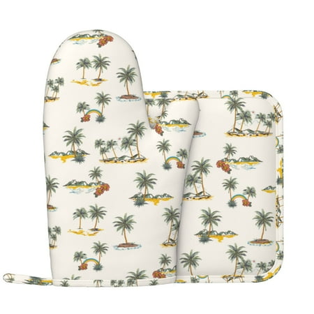 

Oven Mitts and Pot Holders Sets Summer tropical Hawaii tree Non-Slip Silicone Oven Gloves Potholders Cotton Lining Heat Resistant Gloves Hot Pads for Kitchen Cooking Baking