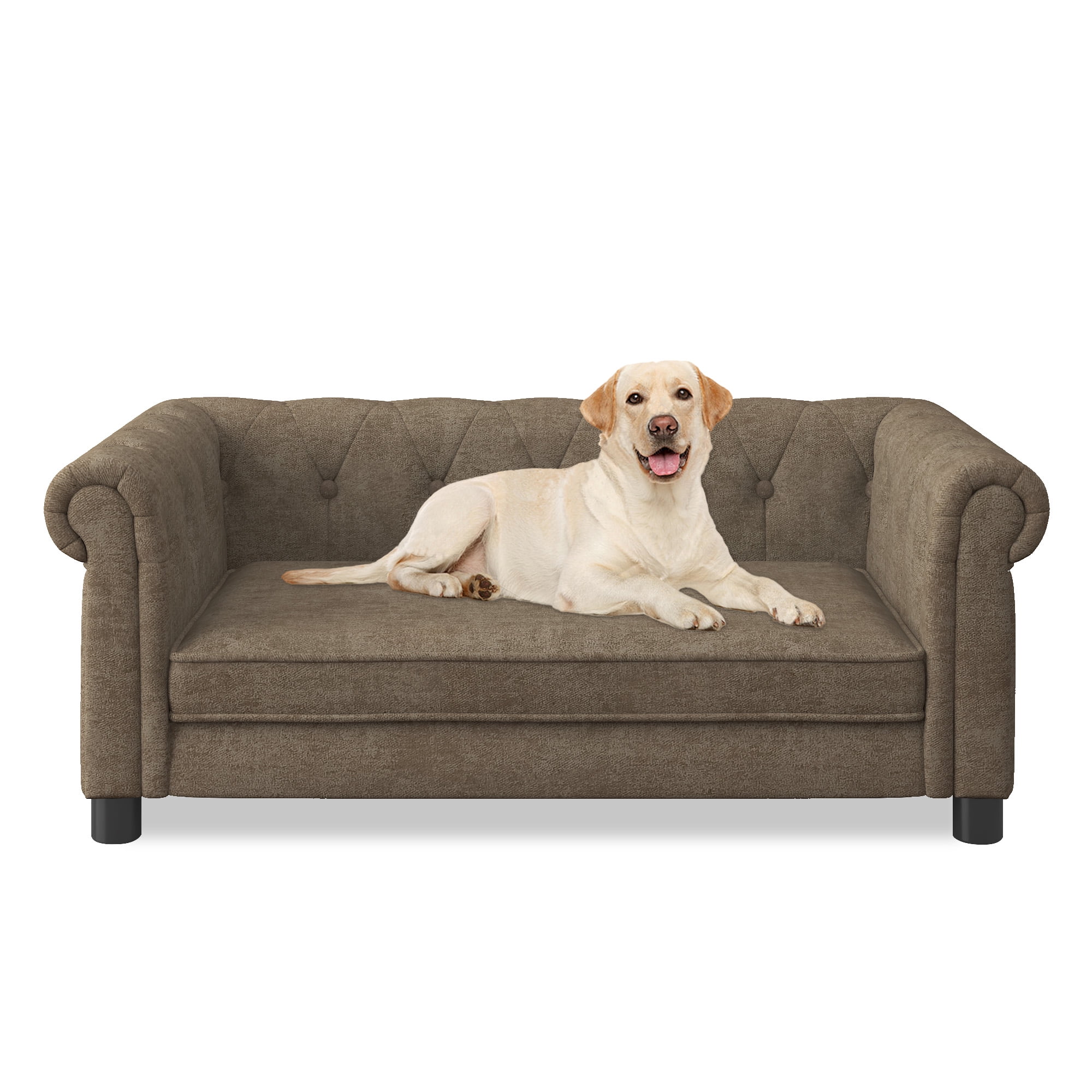 Noaman Elevated Dog Sofa Bed for Small & Medium Dogs, 40"x23"x16" Rectangular Pet Bed with Linen Fabric, Modern Brown Dog Couch, Supports Up to 100lbs