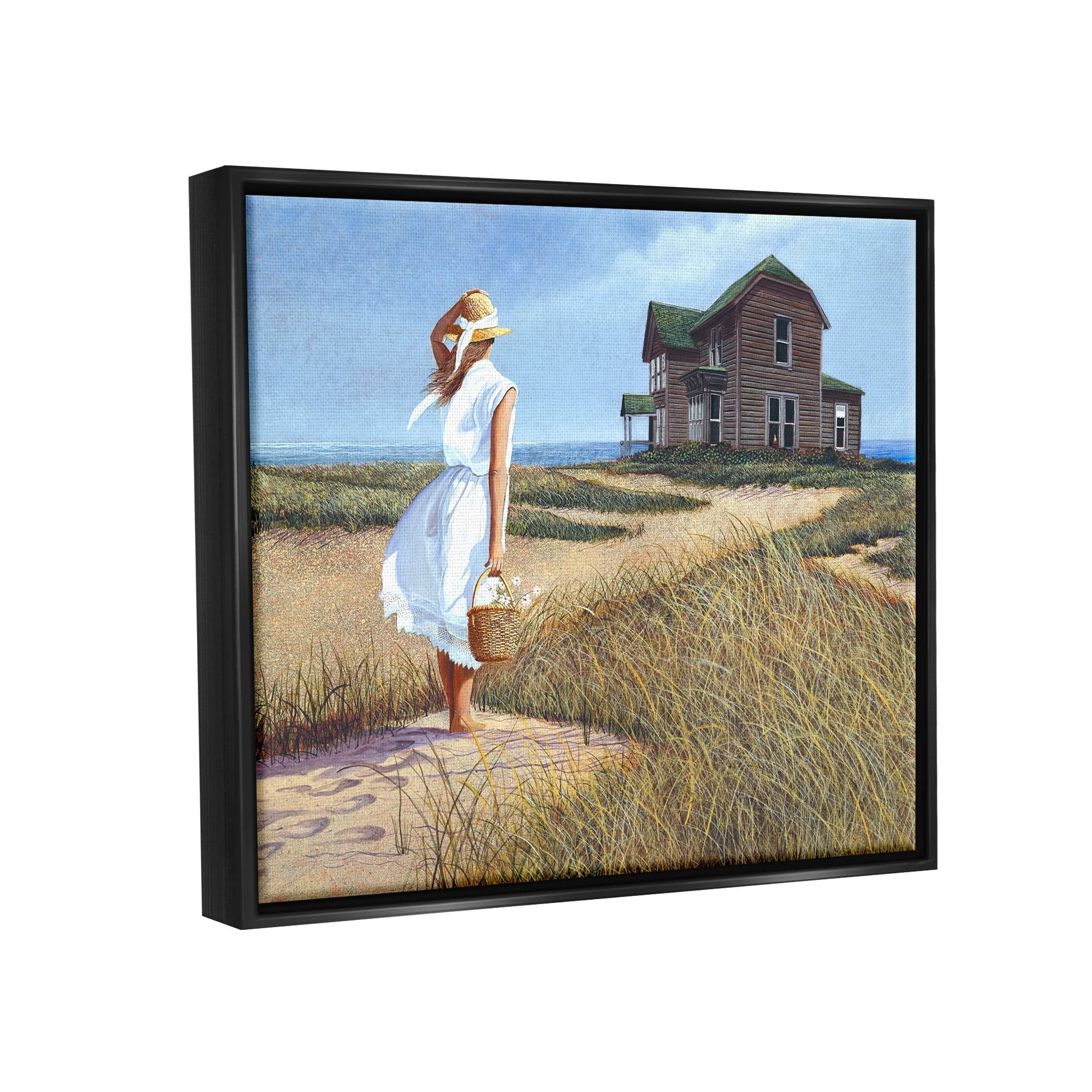 Stupell Industries Woman Standing Windswept Breeze Distant Beach House Painting Metallic Gold Floating Framed Canvas Print Wall Art, Design by Tom Mielko