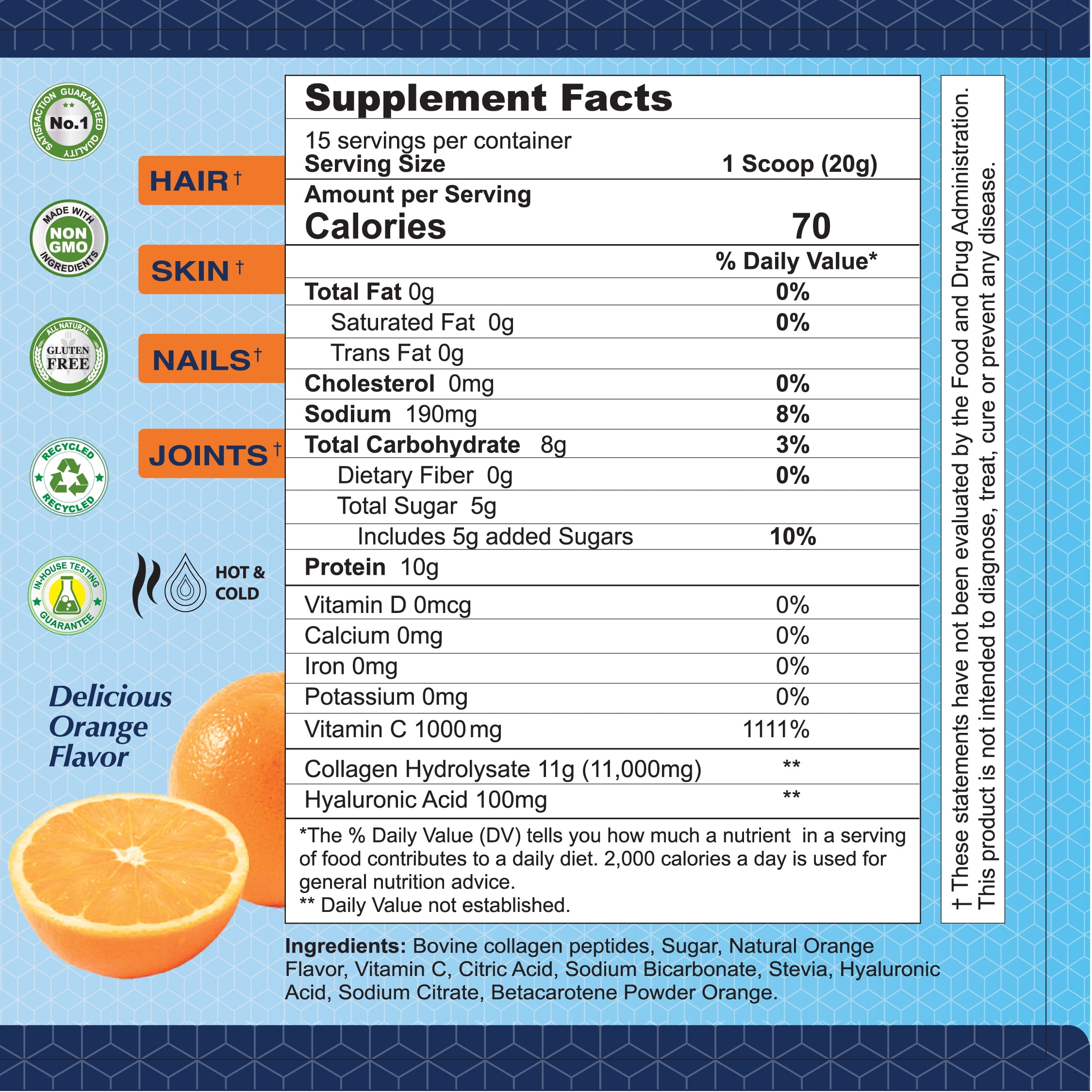 Collagen Hydrolysate Peptides Powder Supplement by ALFA VITAMINS -  Nutrients, Minerals, Antioxidants - Skin, Hair, Nails & Joints Support - Orange Flavor -11 OZ