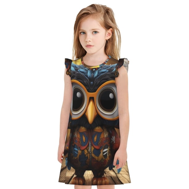 Balery Quirky Owl With Glasses Camisón de princesa para niñas, pijama de algodón con mangas abullonadas, suave y bonito.-Small