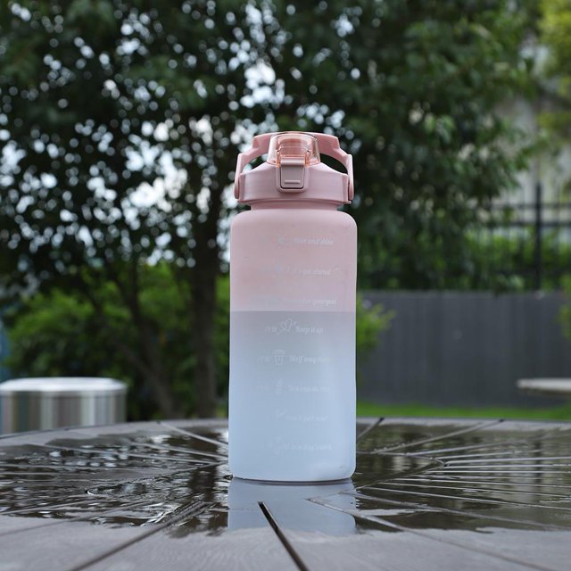 Botella de agua de 2000 ml con marcador de tiempo para taza de bebida deportiva al aire libre (rosa)