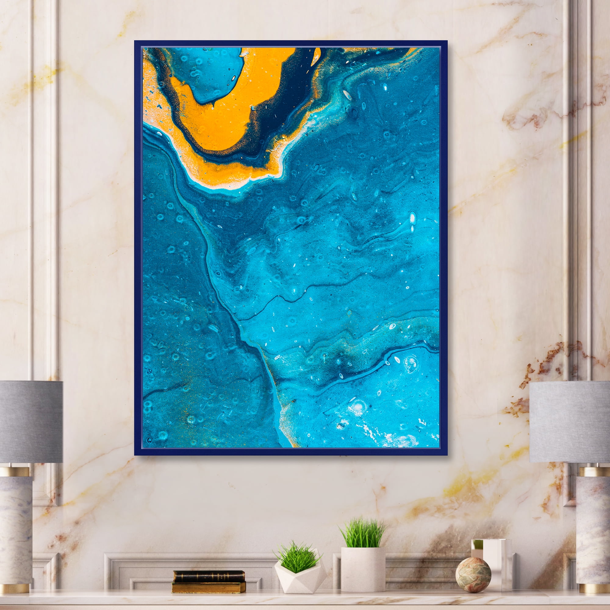 Designart 'Abstract Marble Composition In Orange and Blue III' Modern Framed Canvas Wall Art Print