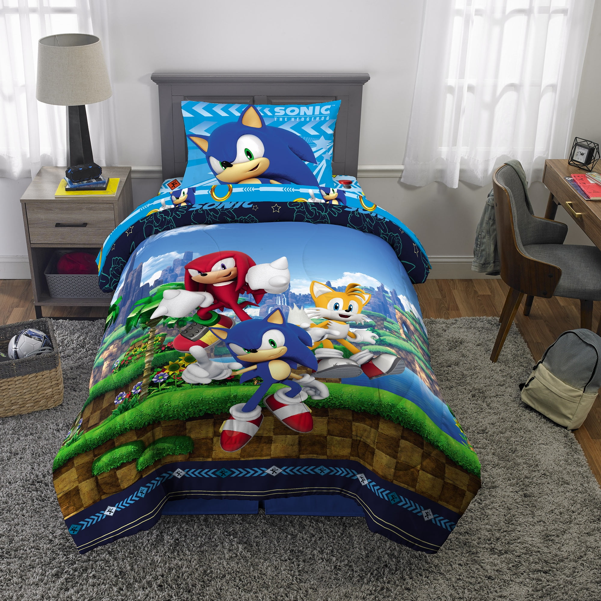 Sonic 4 Piece Twin Size Franco Kids Bedding Super Soft Comforter and Sheet Set 