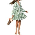thumbnail image 3 of Autumn Women'S Dress V-Neck Long Sleeve Elastic Waist Bohemian Beach Resort Wear Floral Mini Summer Dress Green XL, 3 of 9