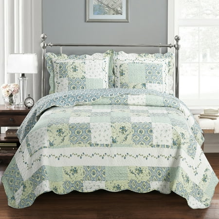 Bumper Coverlet - Brea Oversize Coverlet Floral Patchwork Print Soft and Wrinkle-Free Quilted Coverlet Set : Full/Queen