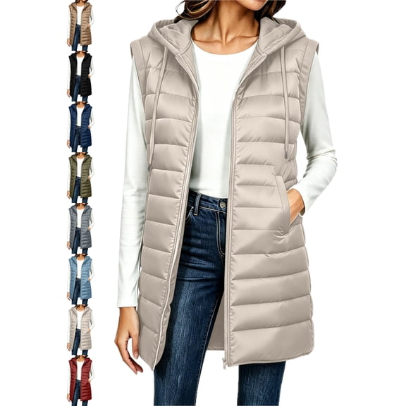 Womens Long Hooded Vest Zip Front Sleeveless Comfy Everyday Fall Winter Vest