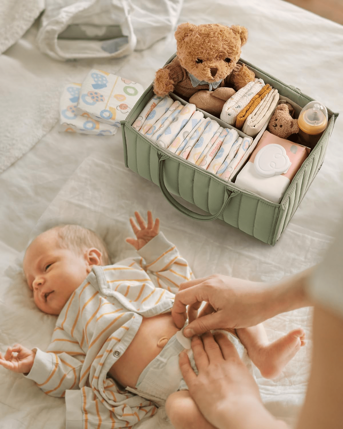 Gilysido Portable Cotton Diaper Caddy Organizer for Nursery, Baby Basket, Newborn Diaper Caddy in Green