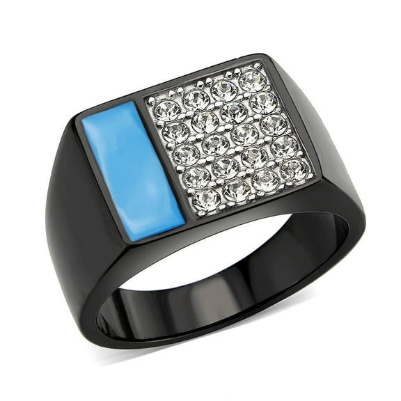 Mens Black Ring Rectangular Turquoise Stainless Steel Ring in Sea Blue with Diamonds