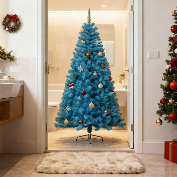 FHBVT 7ft Blue Artificial Christmas Tree Unlit Pre Hinged Spruce Full Tree Foldable Metal Stand Realistic PVC Needles Full Bodied Xmas Tree for Indoor Office Home Party Christmas Winter Holiday Decor