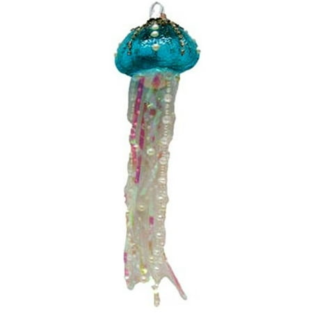 Blown Glass Hanging - December Diamonds Blown Glass Jellyfish With Hanging Beads and Streamers Tentacles 14 Inches Blue