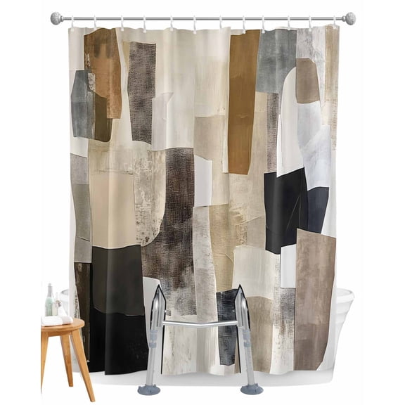 Split Shower Curtain for Transfer Bench, Modern Black Brown Fabric Shower Curtains for Bathroom, Abstract Oil Painting Art Tub Sliding Transfer Bench Waterproof Bath Curtains 72"x72"