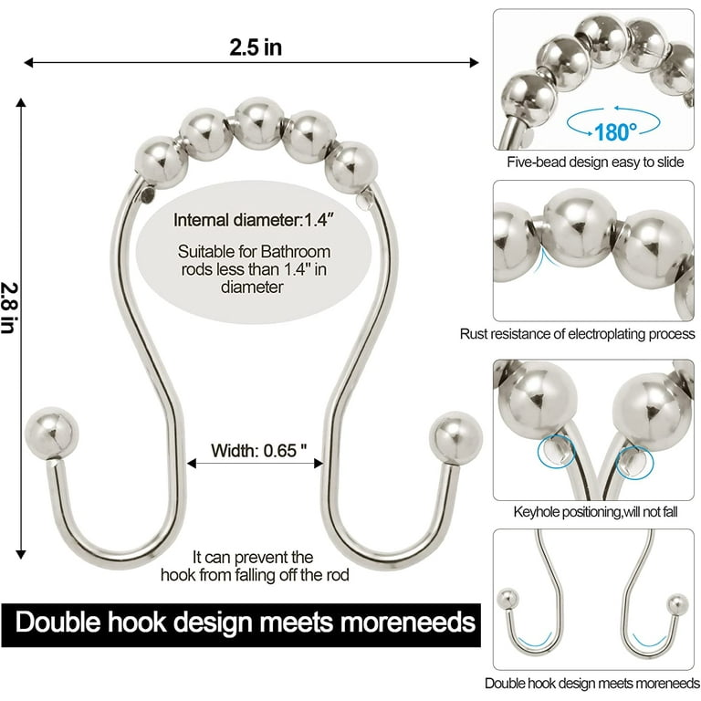 Shower Curtain Hooks 12 Pcs Premium Rust Resistant Metal Shower Curtain  Rings, Five-Bead Design Sliding and Noiseless, Double Shower Hooks for Shower  Curtains & Liners (Nickel) 