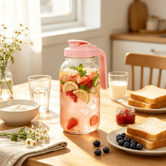 Glass Beverage Pitcher with Pink Lid & Handle, Leakproof Water Carafe with Scale, Iced Tea & Juice Pitcher for Fridge, Kitchen(Pink)