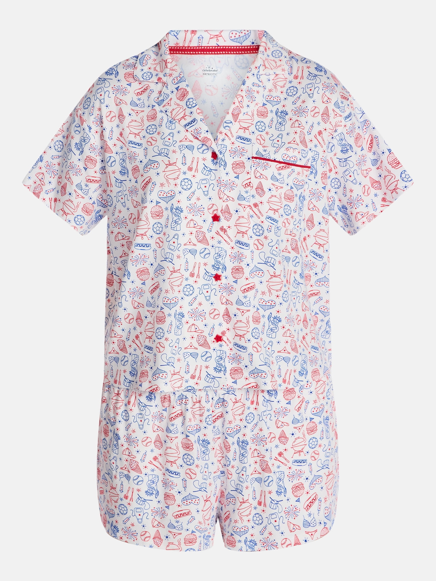 BBQ Women's Knit Notch Collar Top and Shorts Fourth of July Pajama Set from Way to Celebrate, 2-Piece, Sizes XS-3X