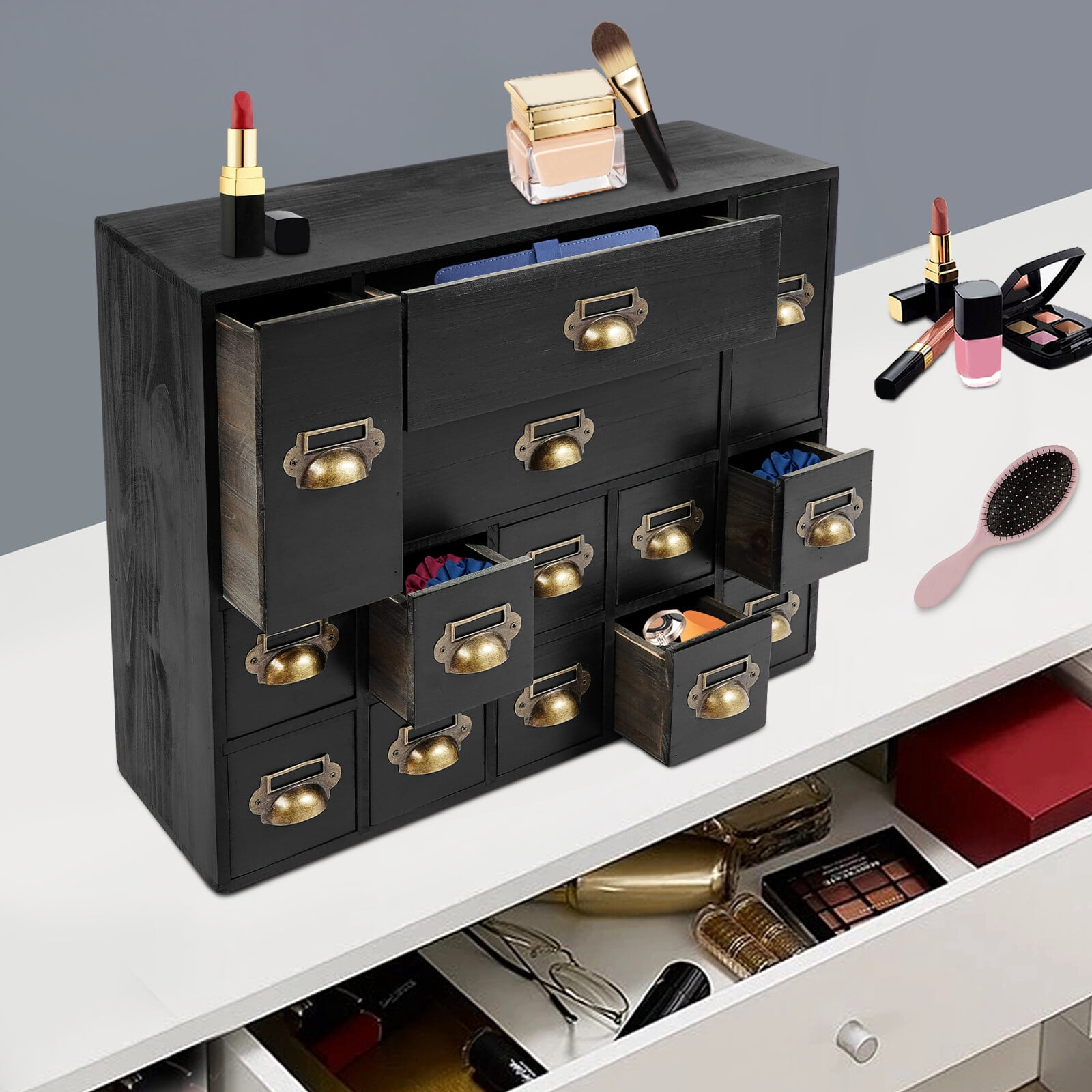 Black Vintage Storage Cabinet Wooden Organizer w/ 14 Drawers FreeStanding For Various Small Crafts, A Kitchen Organizer