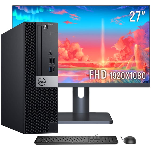 Dell OptiPlex 3060/5060 SFF Computer Desktop PC featuring an Intel Core i5-8500 processor with a base speed of 3.0GHz, 16GB DDR4 RAM, and a 512GB SSD. Includes a 27-inch FHD monitor with 1920x1080 resolution, a USB WiFi adapter, and an RGB gaming keyboard and mouse. Designed for multitasking, web browsing, and multimedia applications. Runs on Windows 11 Pro and is refurbished for excellent performance.