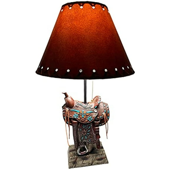 Urbalabs Western Cowboy Brown Teal Saddle Longhorn Roper End Table Standing Table Lamp Nightstands Living Room End Tables Lamps for Bedrooms Office (Brown Teal Saddle)
