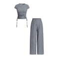 thumbnail image 3 of Women 2 Piece Sets Summer Striped Outfits Matching Short Sleeves Top Wide Leg Lounge Pants Travel Navy Blue M, 3 of 9