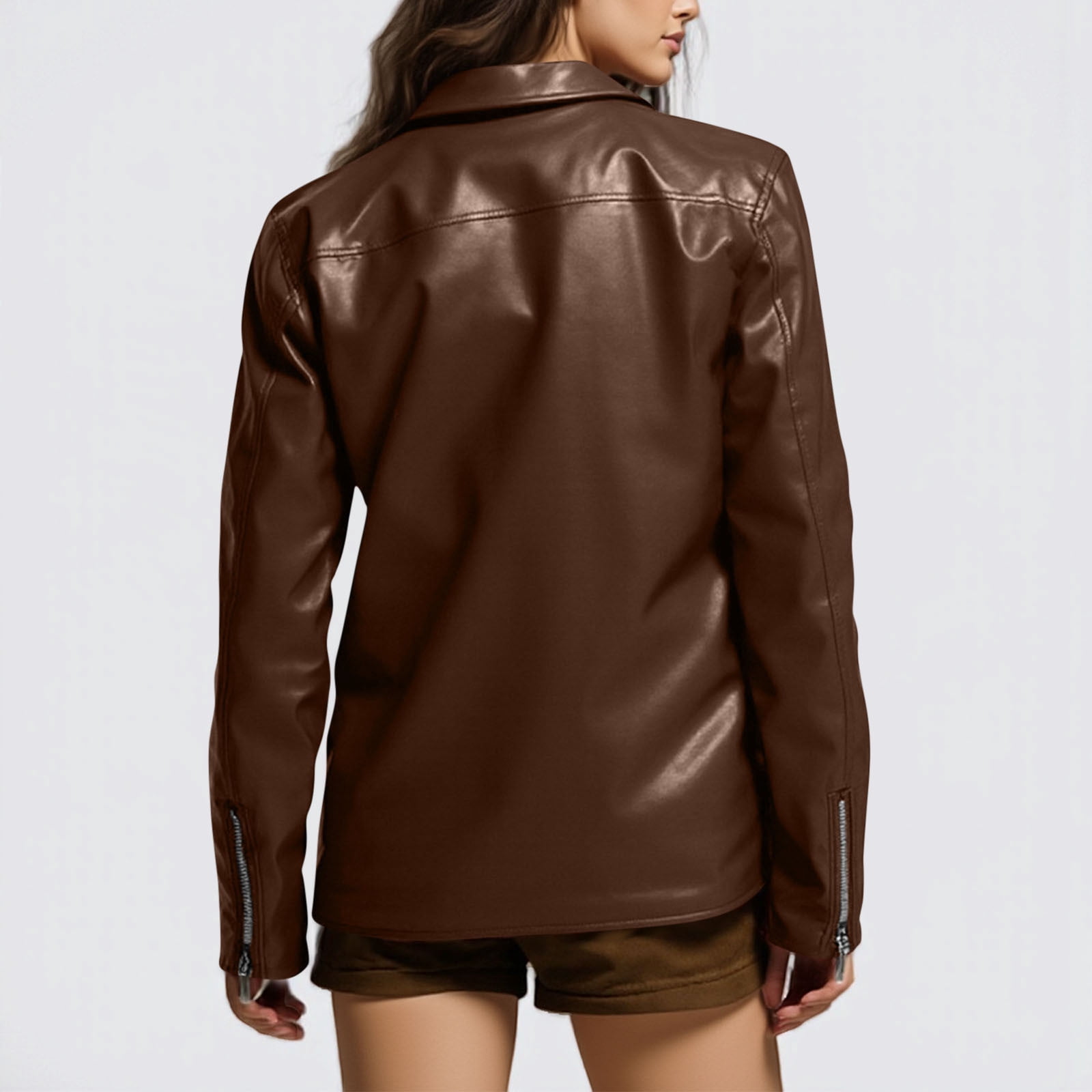 Miluxas Women's Leather Casual Jacket Lightweight Faux Leather Fall Spring Biker Vintage Jackets Brown M(M)