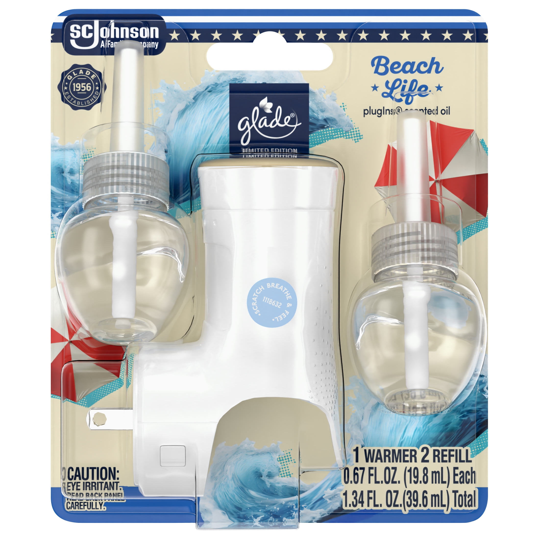 Glade PlugIns Refills Air Freshener Starter Kit, Beach Life, 1.34 Fl oz., 1 Warmer + 2 Refills