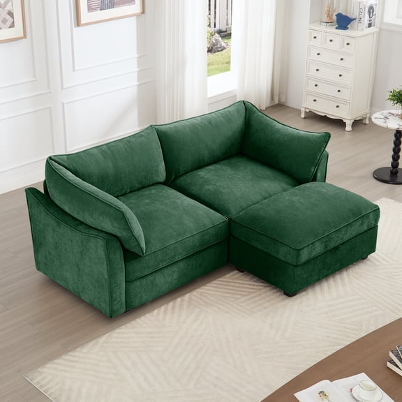 Living Room Sofas 2 Seater Sofa With Footrest , 2-Seat Sofa with 1 Movable Ottoman, Pull out Storage Drawer Under Each Seat,Chenille Green,Comfortable Sofas