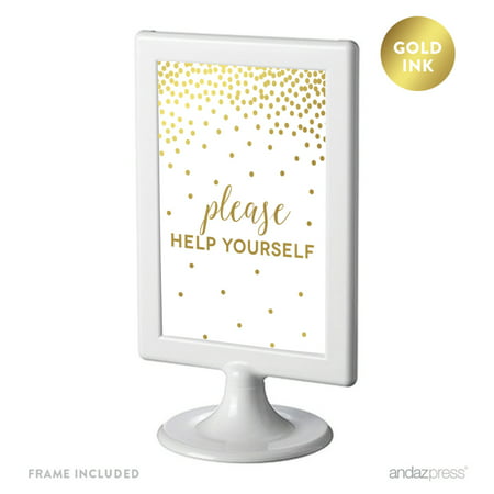 Metallic Gold Confetti Polka Dots 4x6-inch Party Signs, Please Help Yourself, Includes Frame
