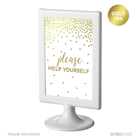 - Metallic Gold Confetti Polka Dots 4x6-inch Party Signs, Please Help Yourself, Includes Frame