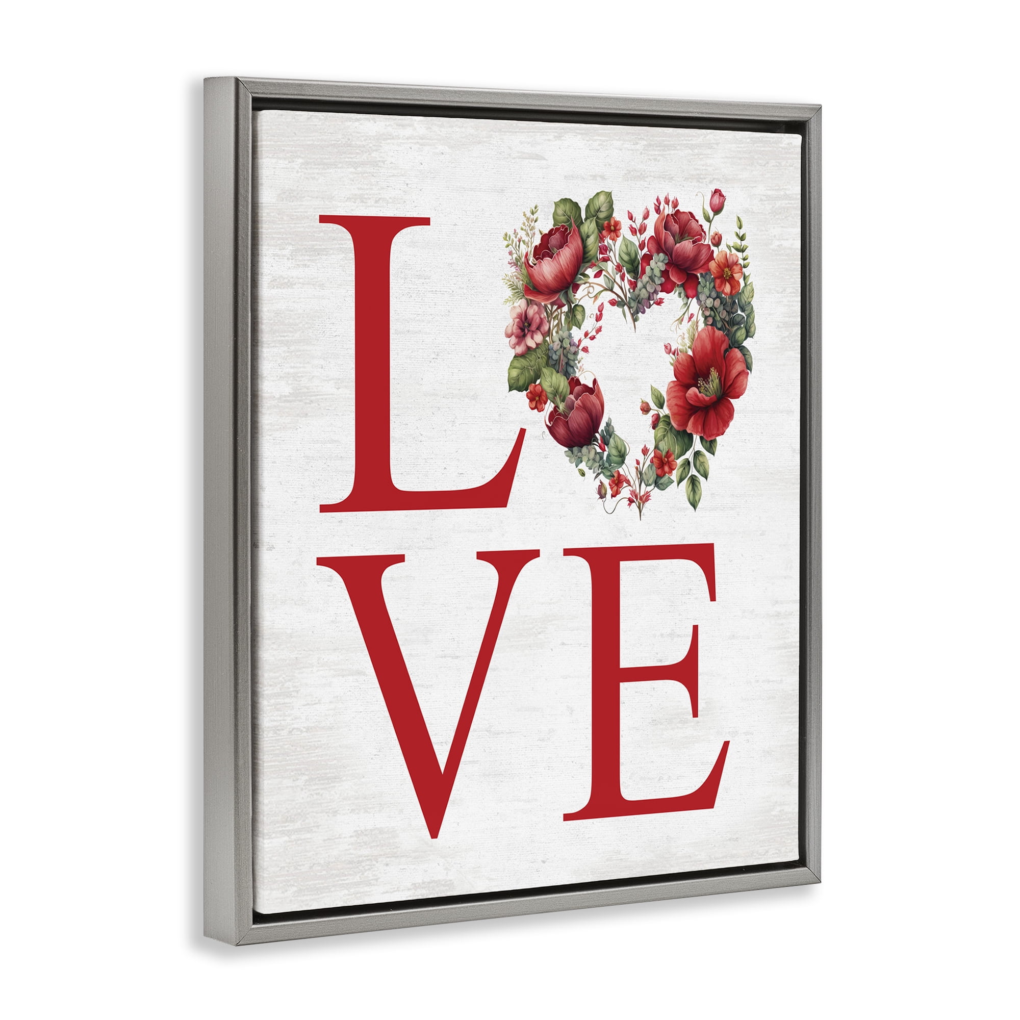 Stupell Industries Love with Heart Wreath Botanical & Floral Painting Gray Floater Framed Canvas Art Print Wall Art, 17 x 21