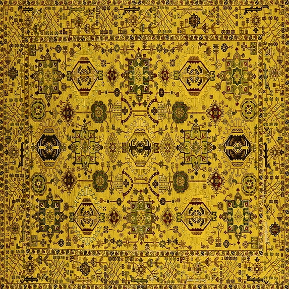 Ahgly Company Machine Washable Indoor Square Oriental Yellow Traditional Area Rugs, 3' Square