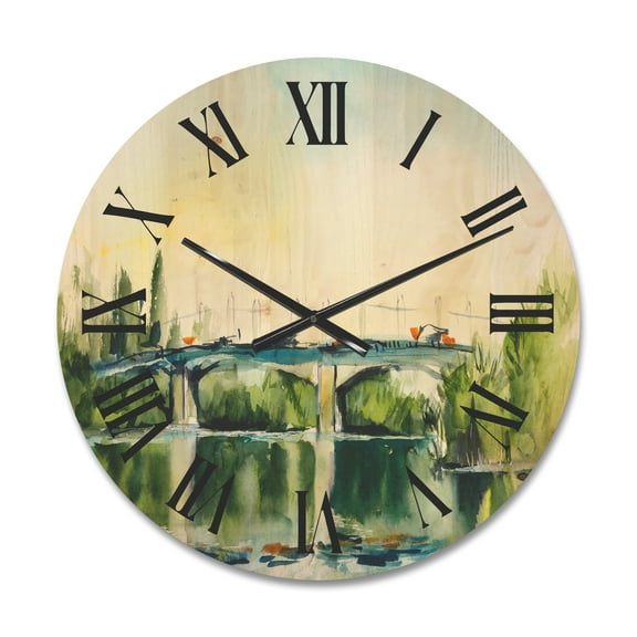 Designart 'Landscape With Old Bridge Over River In The Countryside' Traditional Wood Wall Clock