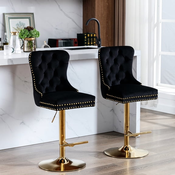 Velvet upholstered bar stools with adjustable seat height 27 - 35 inches for home pub black set of 2 offering comfort
