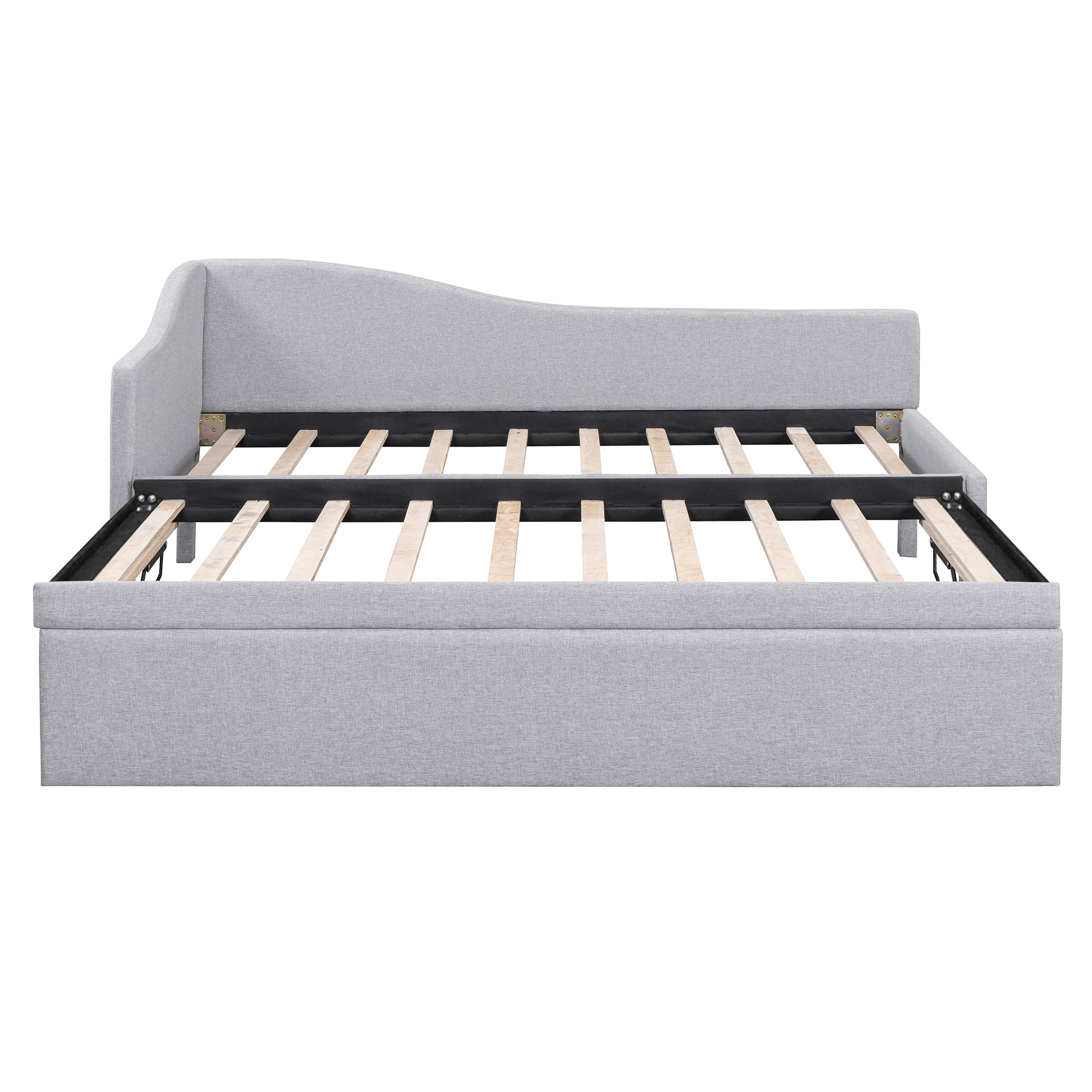 Aukfa Twin Daybed with Pop-Up Trundle, Linen Upholstered Twin-to-King Bed Frame, Space-Saving Guest Bed for Living Room, Bedroom, Kids Room, Gray