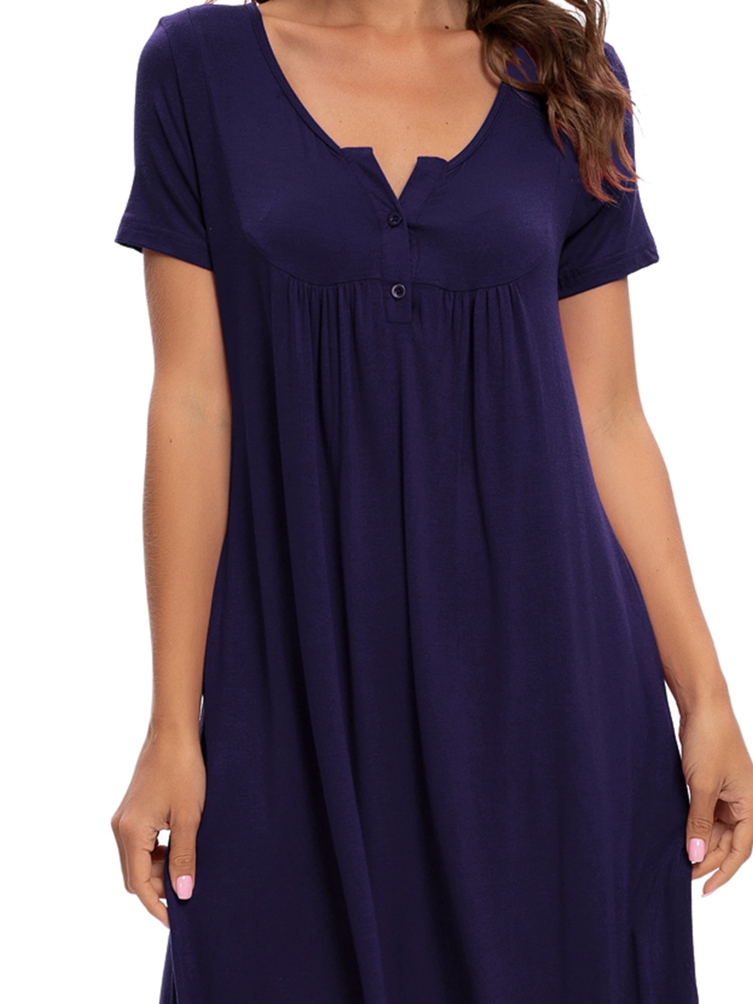Unique Bargains Women's Sleepwear Soft Button with Pockets Short Sleeve Lounge Nightgown XS Blue