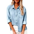 thumbnail image 2 of Homenesgenics Tops for Women Fall Denim Collared Shirt Long-Sleeve Button-Down Denim Shirt with Pockets Casual Loose-Fit Top Gray XXL, 2 of 8