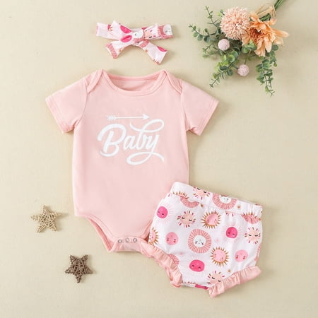 

Hunpta Newborn Infant Baby Boys Girls Clothes Summer Short Sleeve Letter Romper Tops Cartoon Ruffle Shorts Headband Outfits Set