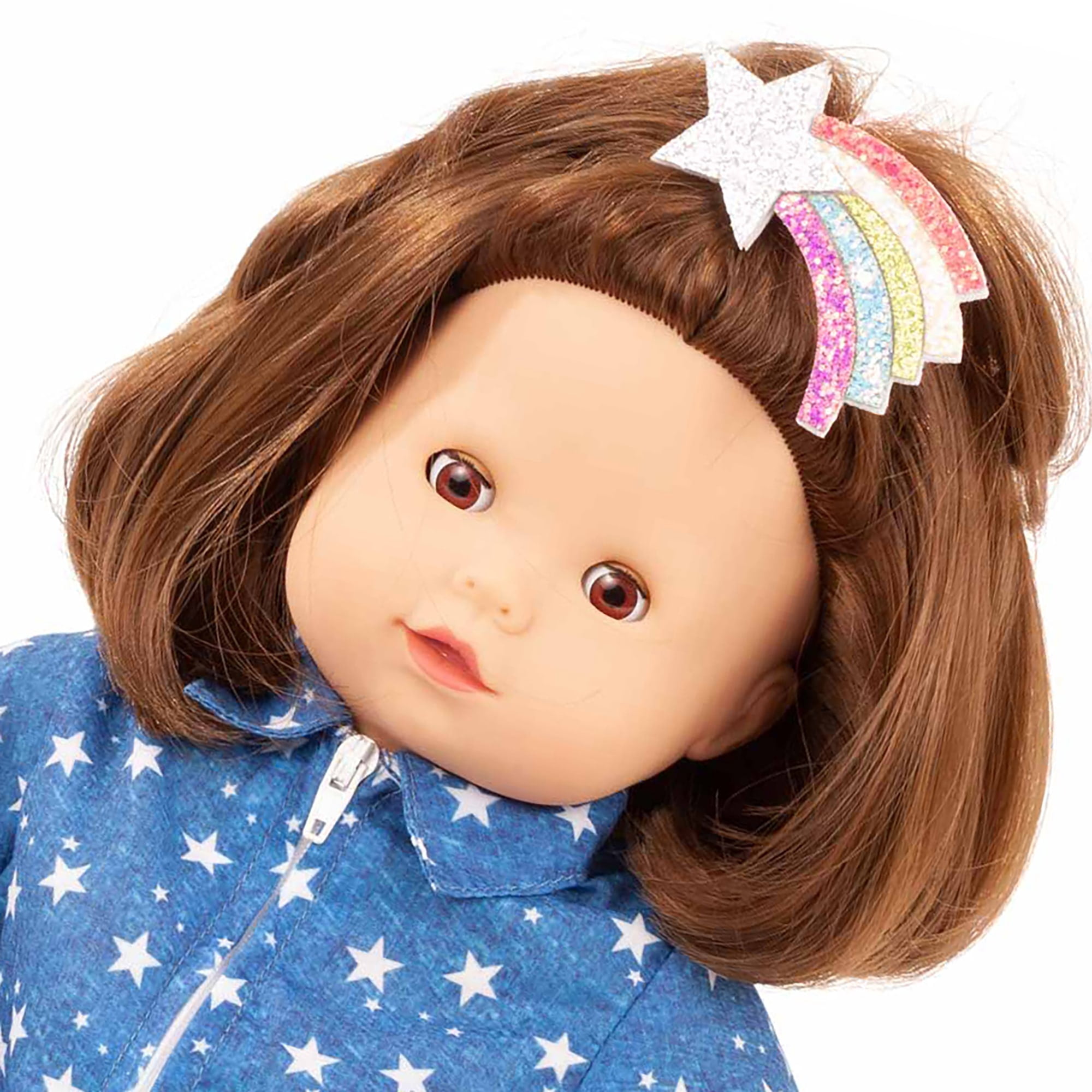 Gotz: Maxy Muffin: My Star - 16.5" Doll, Blue & White Star Denim Outfit, Glitter Bow Clip, Brown Hair, Sleepy Eyes, Pacifier, Collectible Toy, Kids 3+