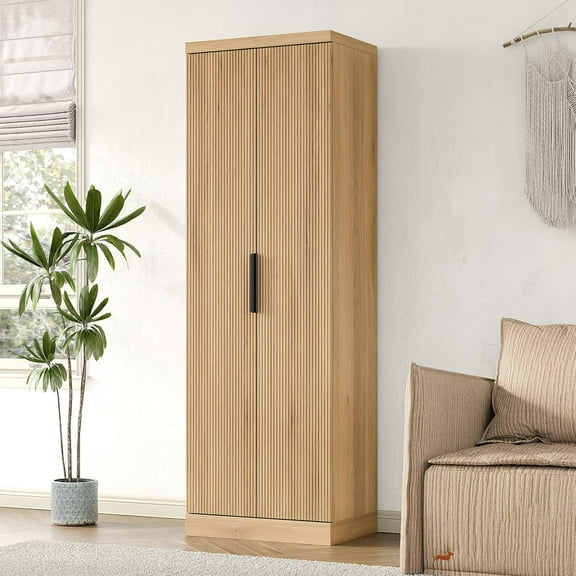 71'' Tall Storage Kitchen Pantry Cabinet with Adjustable Shelves&Fluted Door, 5-Tier Cabinet for Living Room Kitchen Dinning Room Bedroom, Oak