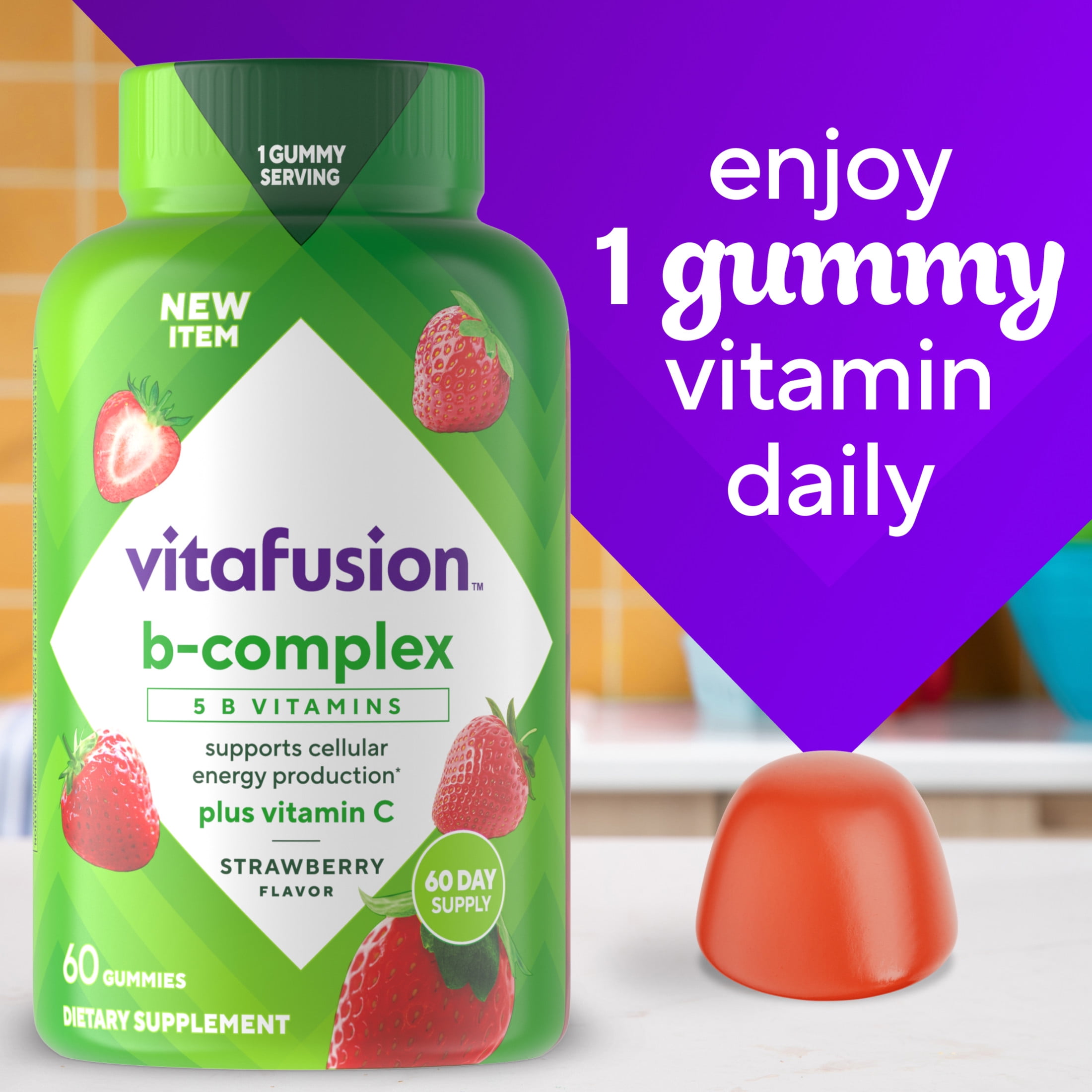 (3 pack) vitafusion B-Complex Gummy Dietary Supplements, with 5 B Vitamins to Support Cellular Energy Production (1), plus Vitamin C, Strawberry Flavor, 60 Count