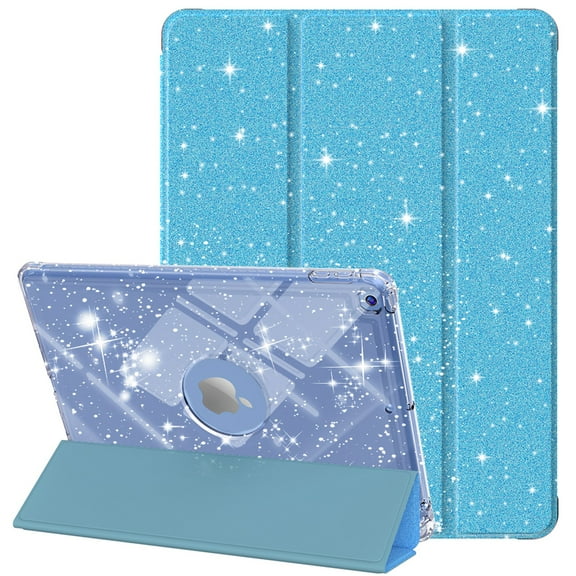 ELEHOLD Glitter Case for Apple iPad 9th/8th/7th Generation with Pencil Holder, Auto Sleep/Wake Magnetic Stand Cover, Sparkly Clear Back Shell with Tri-Fold Stand , Blue