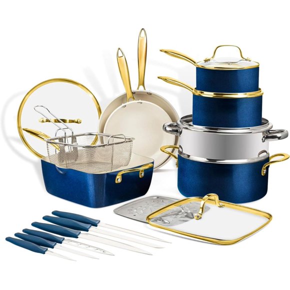 Gotham Steel Naturals Cream Navy 20 Piece Gold Handle Nonstick Ceramic Cookware and Knife Set Oven and Dishwasher Safe