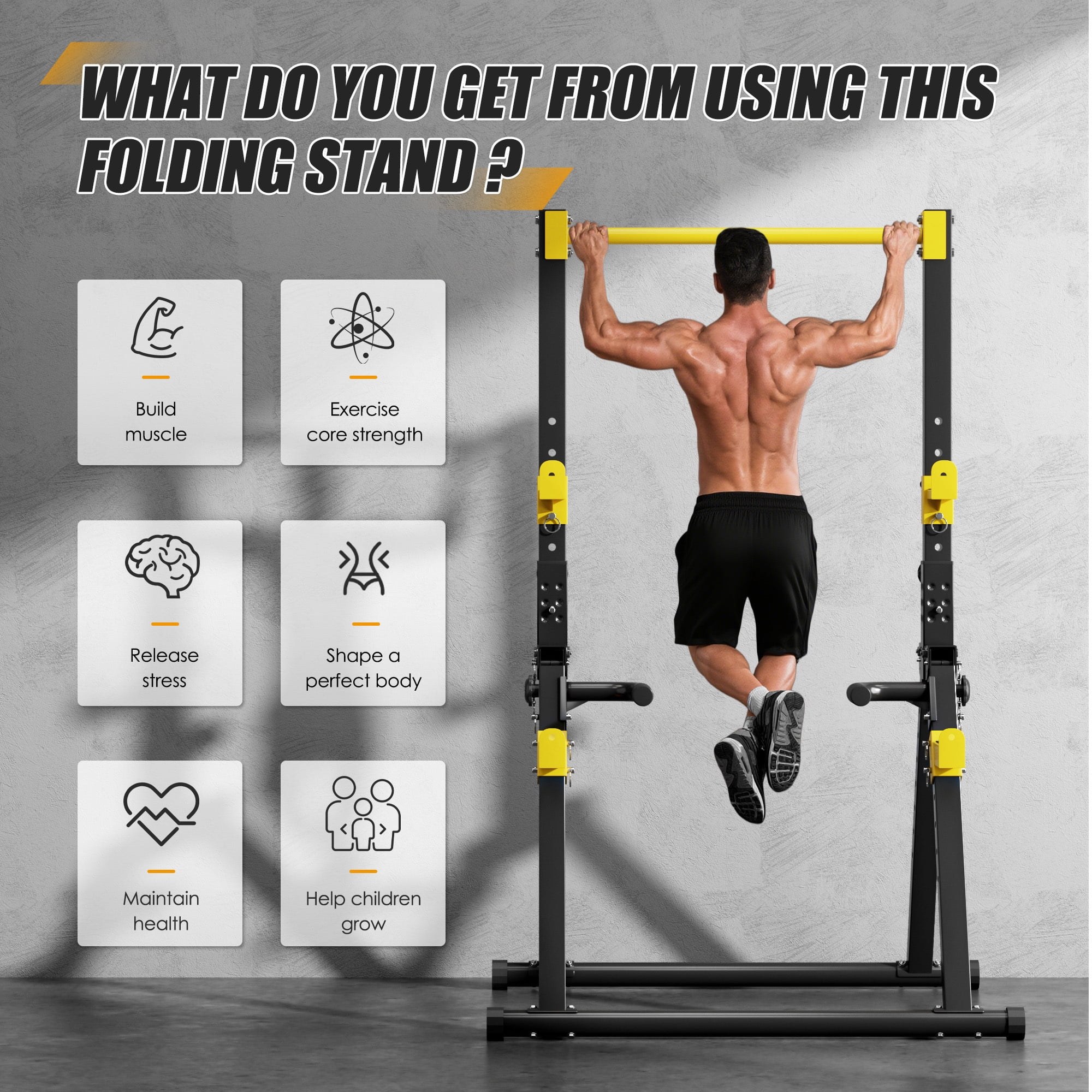 Free Standing Foldable Pull Up Bar, Triangular Power Tower Workout Dip Station for Home, Height Adjustable Pull Up Bar Stand Dip Bar Strength Training Workout Equipment, Support 500lbs,Black + Yellow