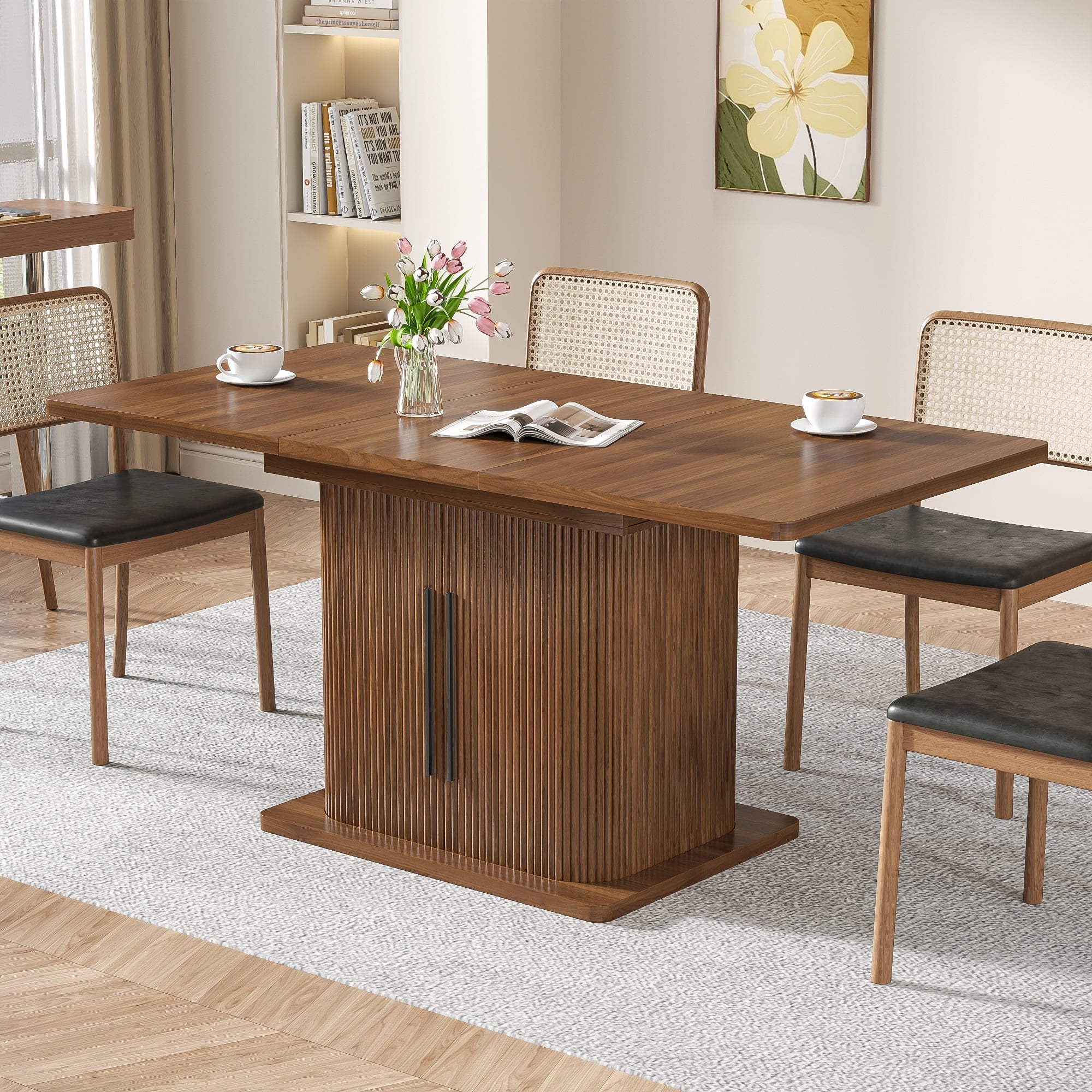 Extendable Dining Table, Rectangle Kitchen Table with Storage Shelf, Modern Dining Room Table, Living Room, Office, Walnut