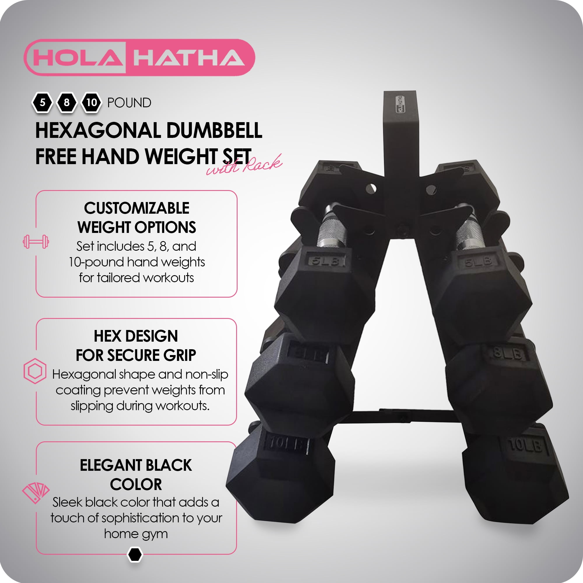 HolaHatha Hexagonal Dumbbell Free Hand Weight Set, 5, 8, & 10 Lbs, Black