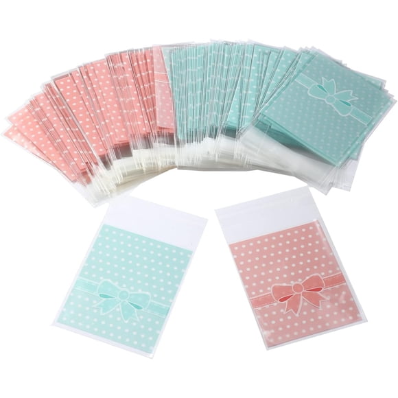 NUOMI 200Pcs Self Adhesive Cellophane Bags, Resealable Cookie Treat Bags for Gift Giving, 3.9"x3.1" Poly Bags Good for Bakery Candle Soap Candy, Pink&Green Polka Dots with Bow Decoration