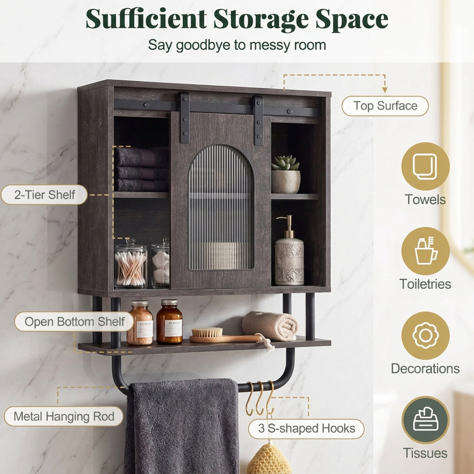 Vebreda Bathroom Wall Cabinet with Sliding Barn Door and Metal Hanging Bar with 3 Hooks, Stylish Farmhouse/Industrial Charm, Secure Wall Mounting