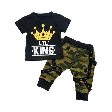 

ZIYIXIN Summer Infant Baby Boys Clothes Crown Print Short Sleeve T-Shirt + Camouflage Long Pants Casual Outfits Black 18-24 Months